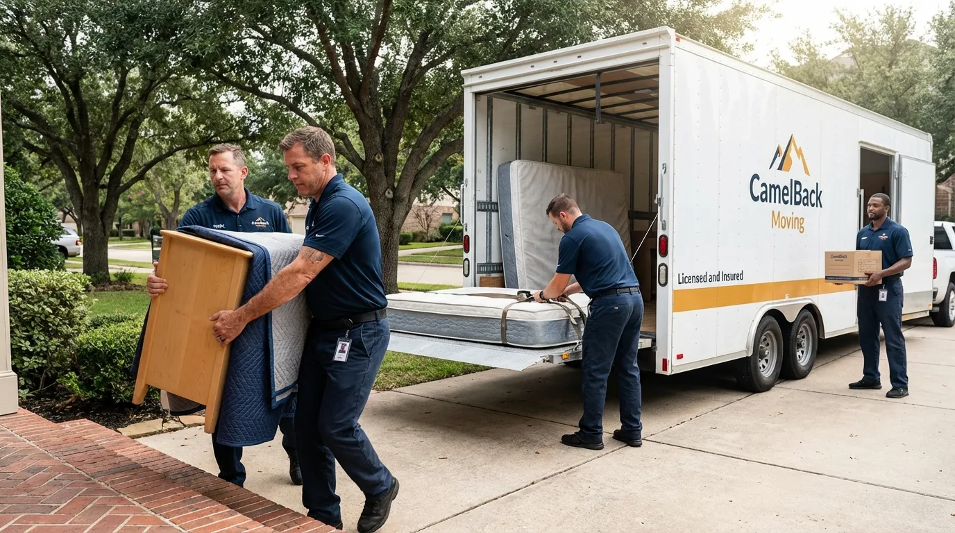 Crew loading residential truck for cross-state move from Buttonwillow, CA