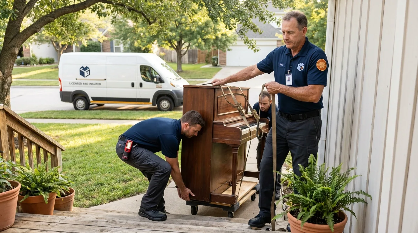 Licensed piano movers securing grand piano in Buttonwillow, CA