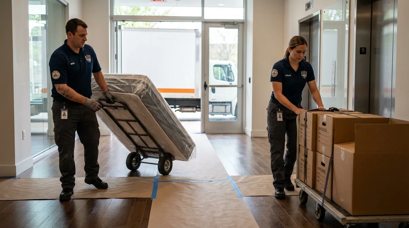 Professional apartment movers loading elevator in Buttonwillow, CA